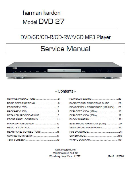 Harman Kardon Model DVD 27 MP3 Player Service Manual