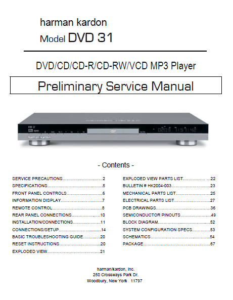Harman Kardon Model DVD 31 MP3 Player Preliminary Service Manual
