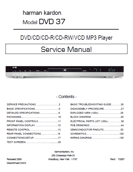 Harman Kardon Model DVD 37 MP3 Player Service Manual