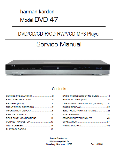 Harman Kardon Model DVD 47 MP3 Player Rev1 Service Manual