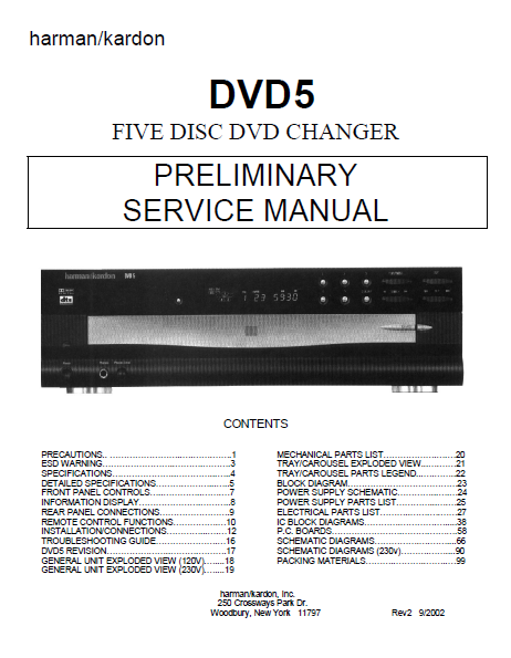 Harman Kardon Model DVD 5 Five Disc DVD Changer Preliminary Service Manual