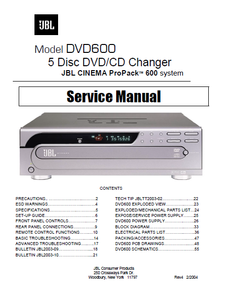 JBL Model DVD600 Five Disc DVD/CD Changer Preliminary Service Manual