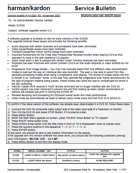 Harman Kardon Model DVD50 Service Bulletin