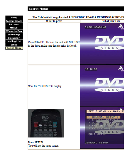 APEX AD-600A DVD Secret Menu Remote