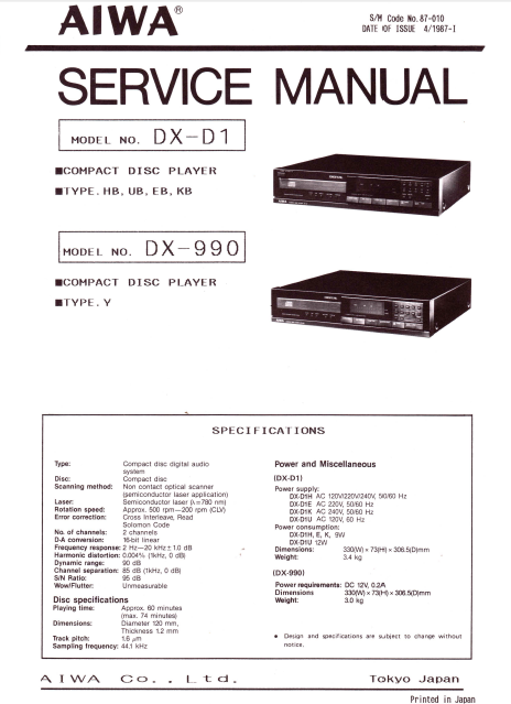 AIWA DX-D1 DX-990 Compact Disc Player Service Manual