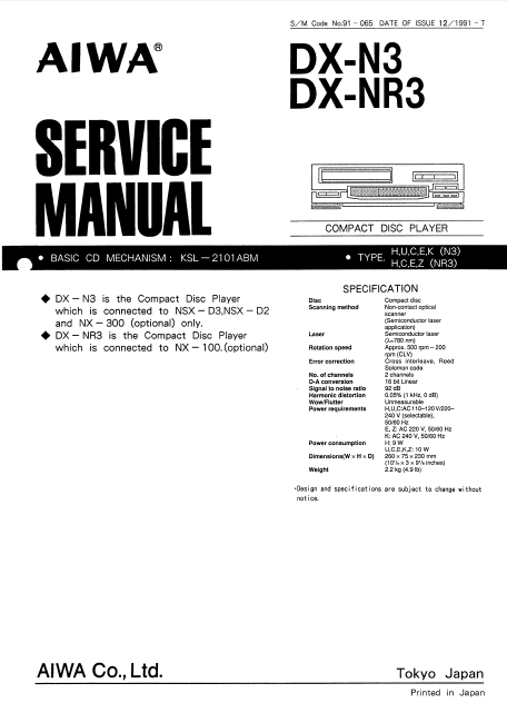 AIWA DX-N3,NR3 Compact Disc Player Service Manual