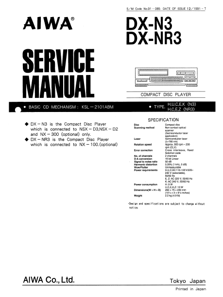 AIWA DX-N3,NR3 Compact Disc Player Schematics