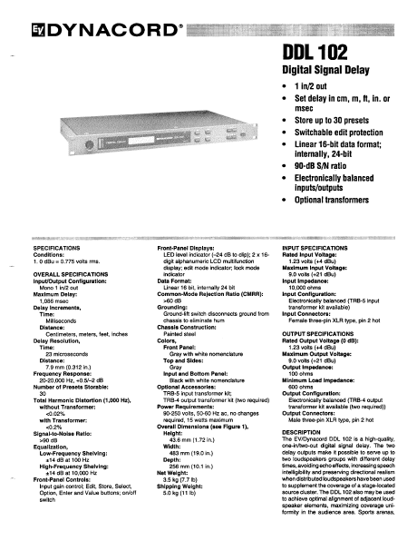 Dynacord DDL 102 Digital Signal Delay User Manual