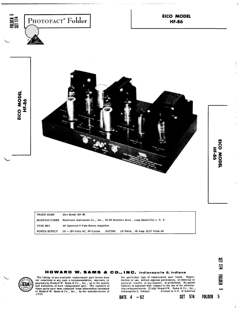 EICO HF-86 Photofact Stereo Amp Instruction Manual