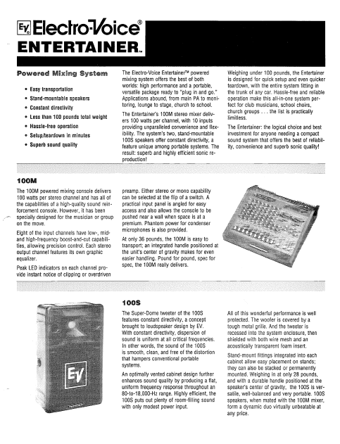 ELECTROVOICE 100M Entertainer Powered Mixing System Owner's Manual