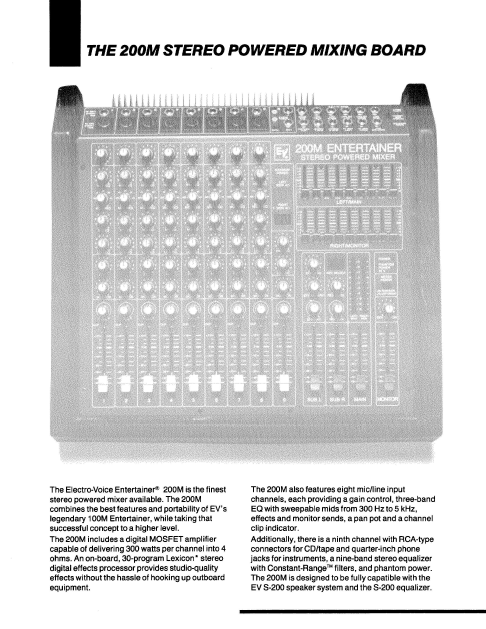 ELECTROVOICE 200M Stereo Powered Mixing Board Owner's Manual