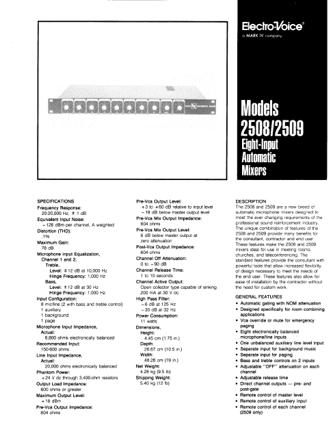 ELECTROVOICE Model 2508 Automatic Mixers Instruction Manual