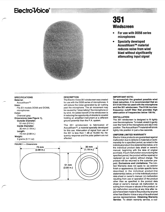 ELECTROVOICE 351 Windscreen Instruction Manual