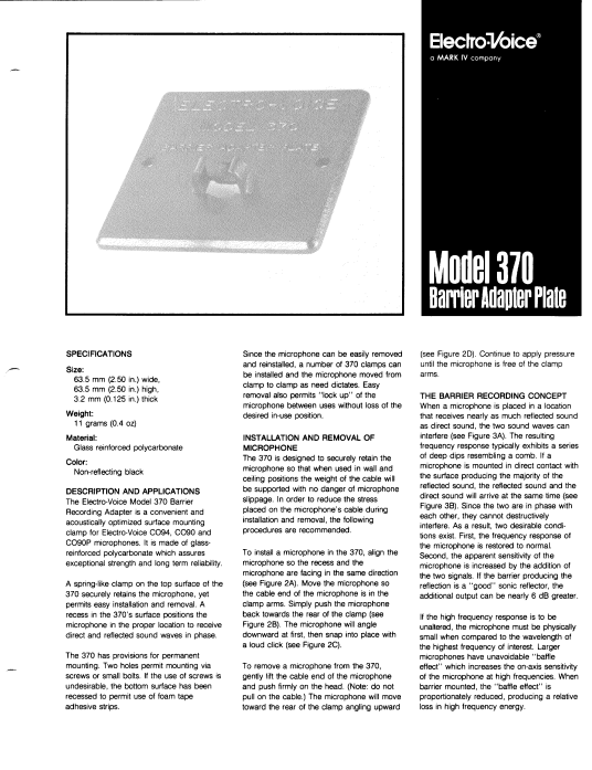 ELECTROVOICE Model 370 Barrier Adapter Plate Instruction Manual