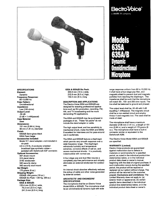 ELECTROVOICE 635A Dynamic Microphone Instructional Manual