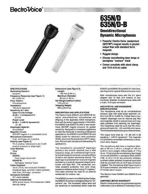 ELECTROVOICE 635N-D Dynamic Microphone Instructional Manual