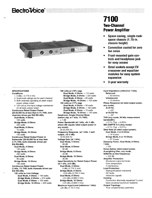 ELECTROVOICE 7100 Two Channel Power Amplifier Service Manual