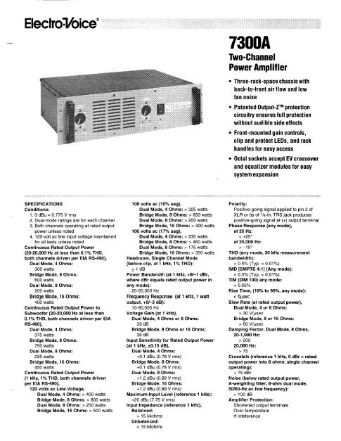 ELECTROVOICE 7300A Two Channel Power Amp Service Manual