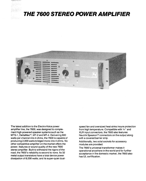 ELECTROVOICE 7600 Stereo Power Amp Instruction Manual