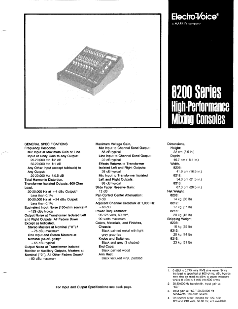 ELECTROVOICE 8200 Series Mixing Consoles Instruction Manual