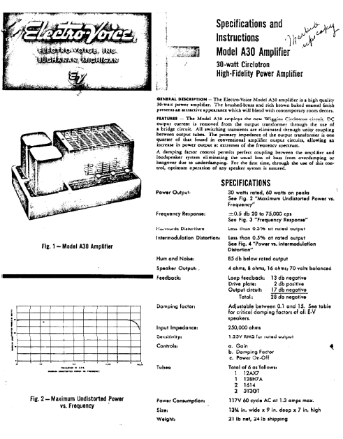 ELECTROVOICE Model A30 Power Amplifier Instructions Manual