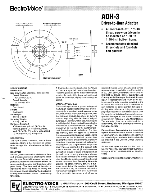 ELECTROVOICE ADH 3 Horn Adapter Instruction Manual