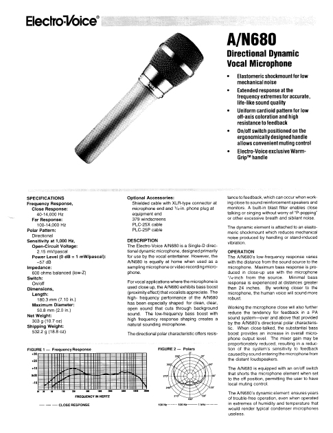 ELECTROVOICE A-N680 Directional Dynamic Vocal Microphone Instructions Manual