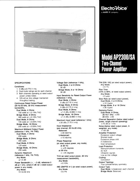 ELECTROVOICE AP2300-SA Two Channel Power Amp Owner's Manual