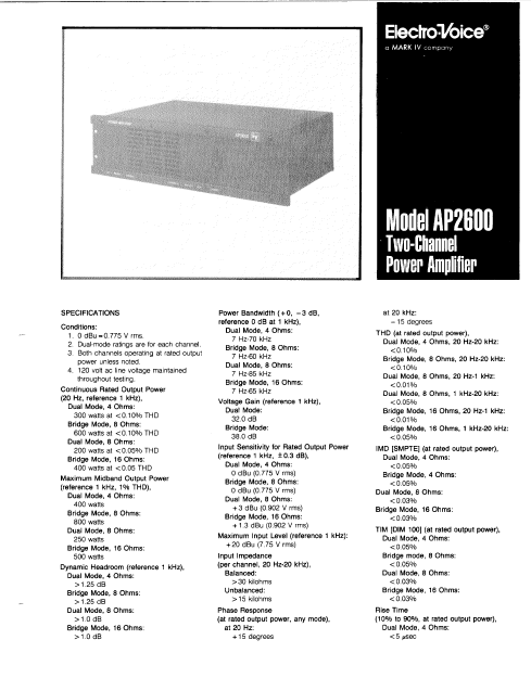 ELECTROVOICE AP2600 Two Channel Power Amp Owner's Manual