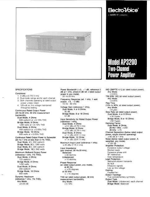 ELECTROVOICE AP3200 Two Channel Power Amp Service Manual