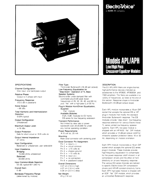 ELECTROVOICE APL-APH Crossover Equalizer Modules Instruction Manual