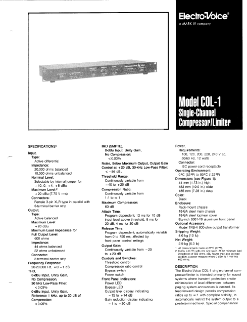 ELECTROVOICE COL-1 Single Channel Compressor limiter Service Manual