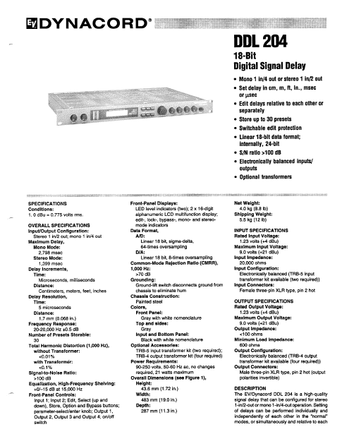 ELECTROVOICE DDL 204 DYNACORD 18 Bit Digital Signal Delay User Manual