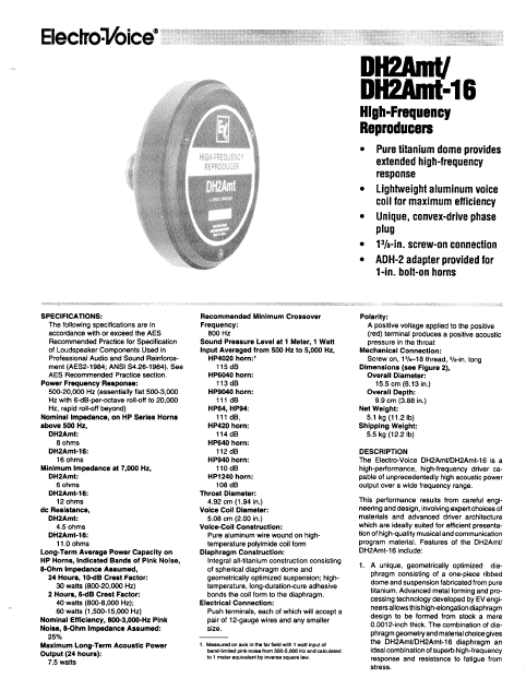 ELECTROVOICE DH2AMT-16 High Frequency Reproducer Instruction Manual