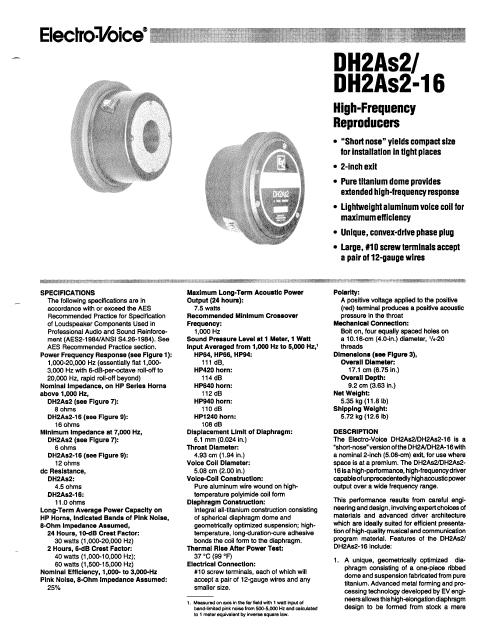 ELECTROVOICE DH2AS2-16 High Frequency Reproducer Instruction Manual