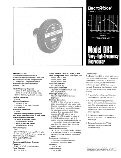 ELECTROVOICE DH3 High Frequency Reproducer Instruction Manual