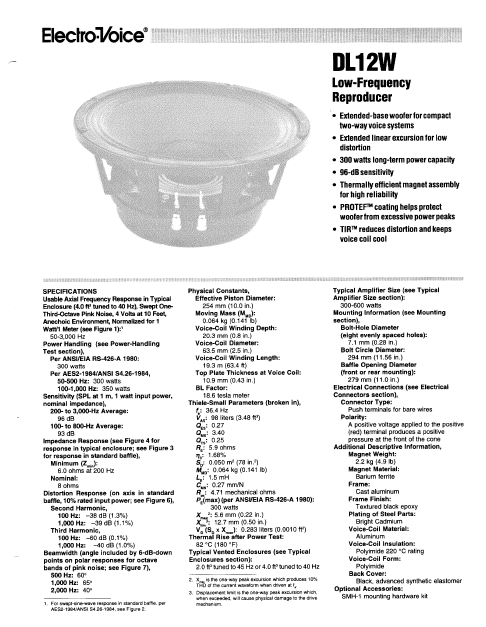 ELECTROVOICE DL12W Low Frequency Reproducer Instruction Manual
