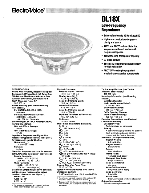 ELECTROVOICE DL18X Low Frequency Reproducer Instruction Manual