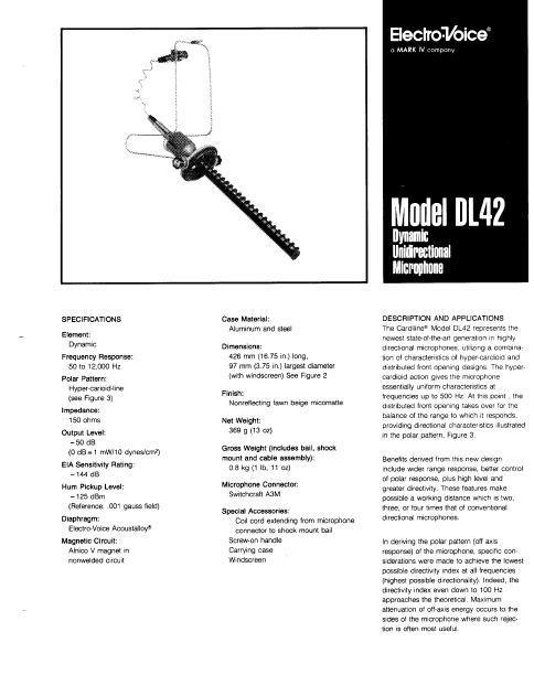 ELECTROVOICE DL-42 Dynamic Unidirectional Microphone Owner's Manual