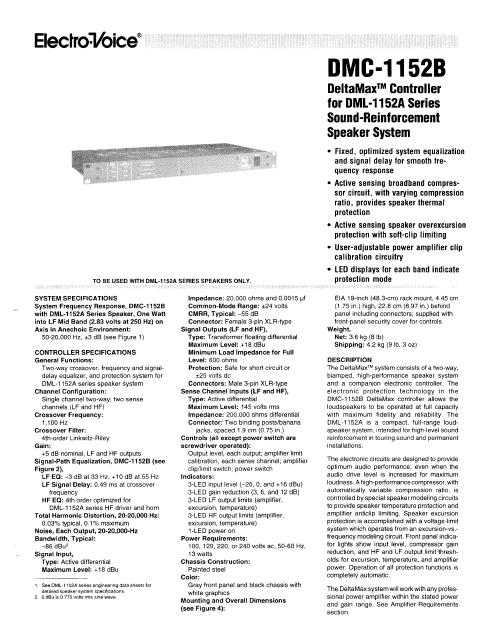 ELECTROVOICE DMC-1152B Reinforcement Speaker Systems Owner's Manual