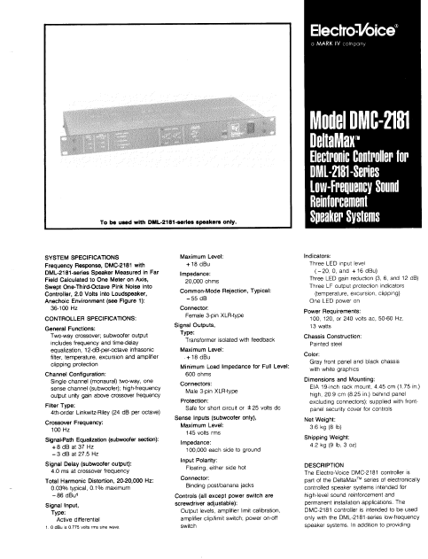 ELECTROVOICE DMC-2181 Reinforcement Speaker Systems Owner's Manual