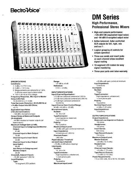 ELECTROVOICE DM Series Professional Stereo Mixer Service Manual