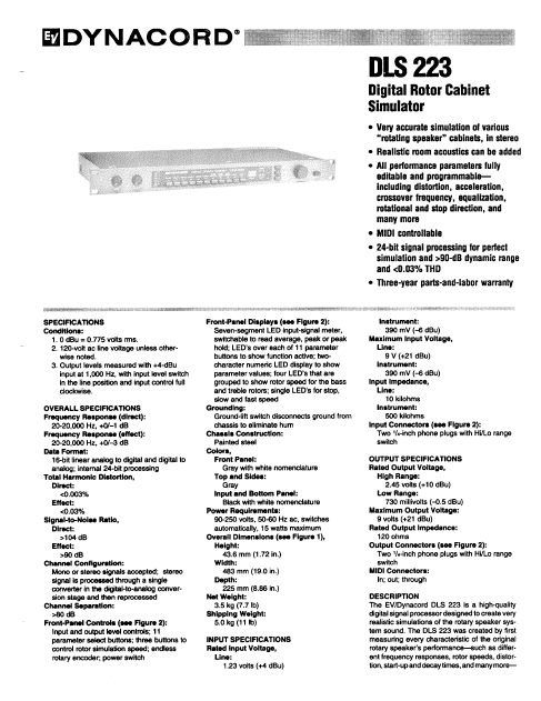 ELECTROVOICE DYNACORD -DLS223 Digital Rotor Cabinet Simulator Owner's Manual