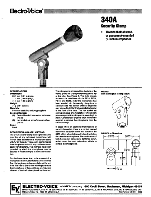 ELECTROVOIC 340A Security Clamp Instruction Manual