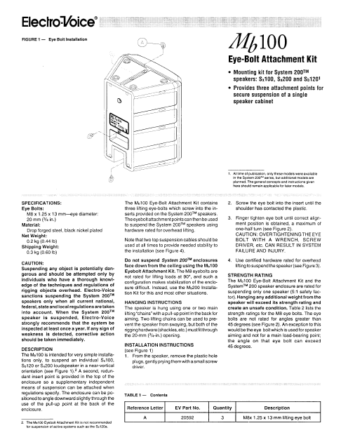 ELETCROVOICE MB 100 Eye Bolt Attachment Kit Instruction Manual