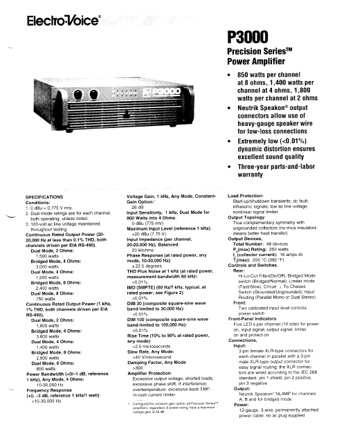 ELETCROVOICE P3000 Power Amplifier Owner's Manual