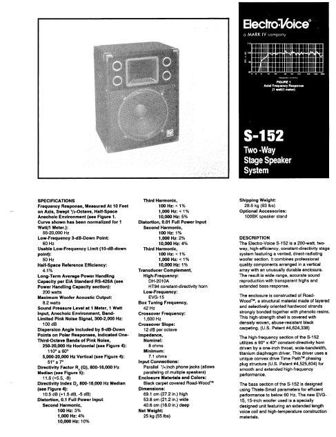 ELETCROVOICE S-152 Two Way Stage Speaker System Instruction Manual