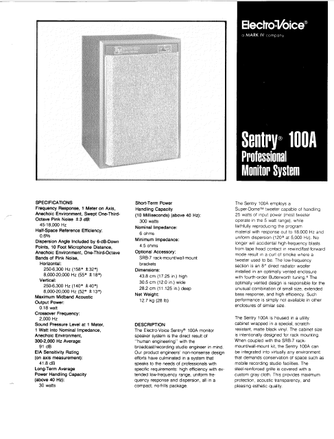 ELETCROVOICE Sentry 100A Professional Monitor System Instruction Manual