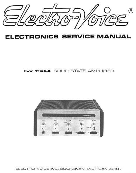 Electro-voice E-V 1144A Solid State Amplifier Service Manual