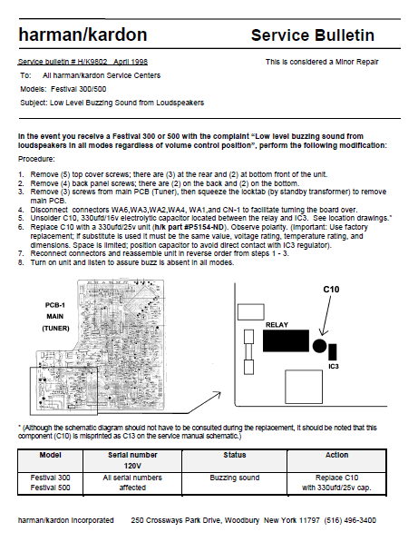 Harman Kardon FESTIVAL 300-500 Service Bulletin